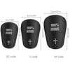 Three black lightweight soccer shin guards labeled XS, S, and M sizes with measurements.