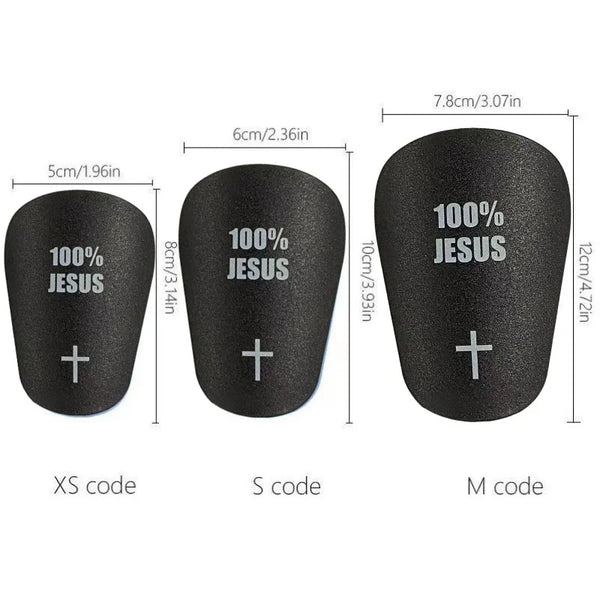 Three black lightweight soccer shin guards labeled XS, S, and M sizes with measurements.