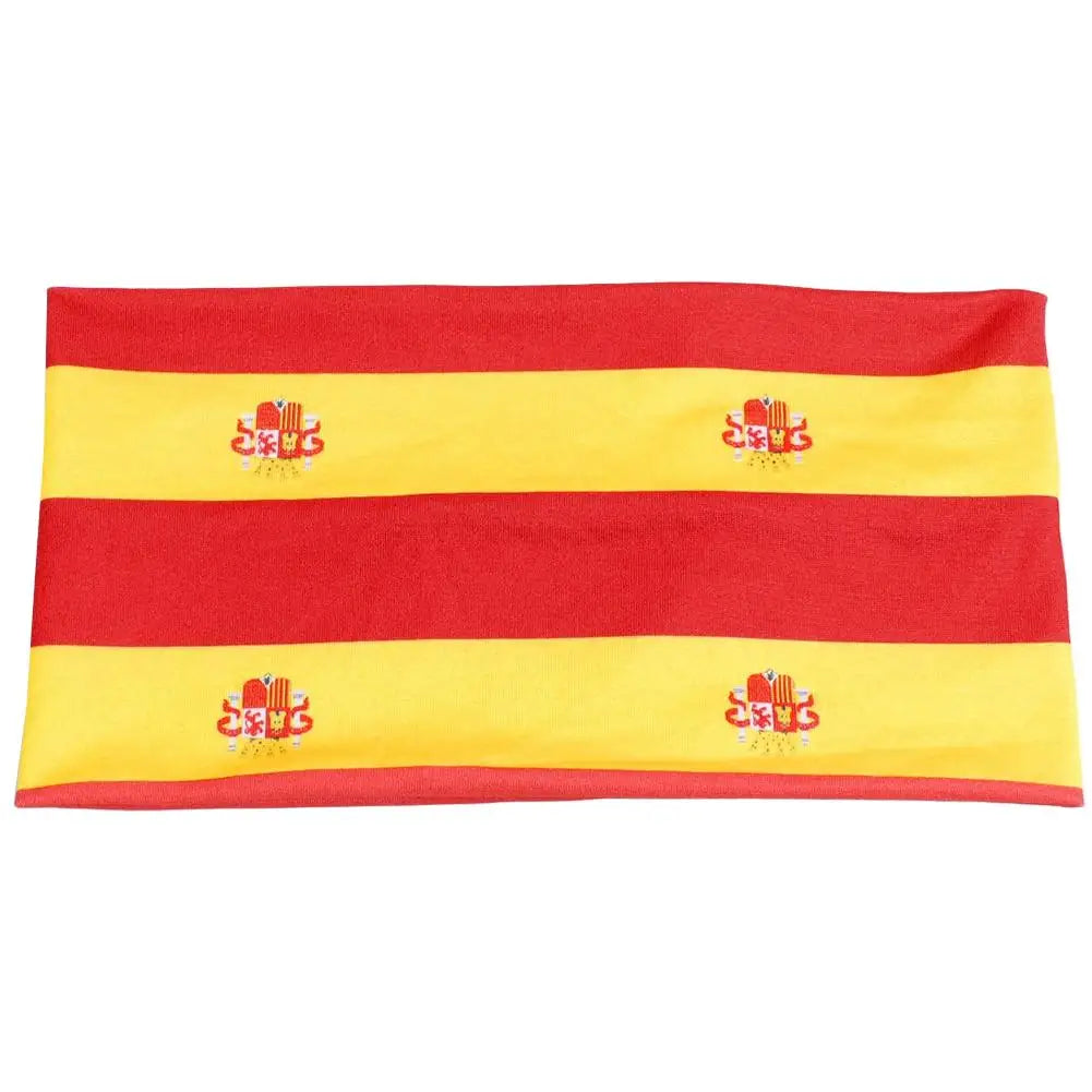 Bandeau en tissu rayé rouge et jaune avec des symboles nationaux brodés.