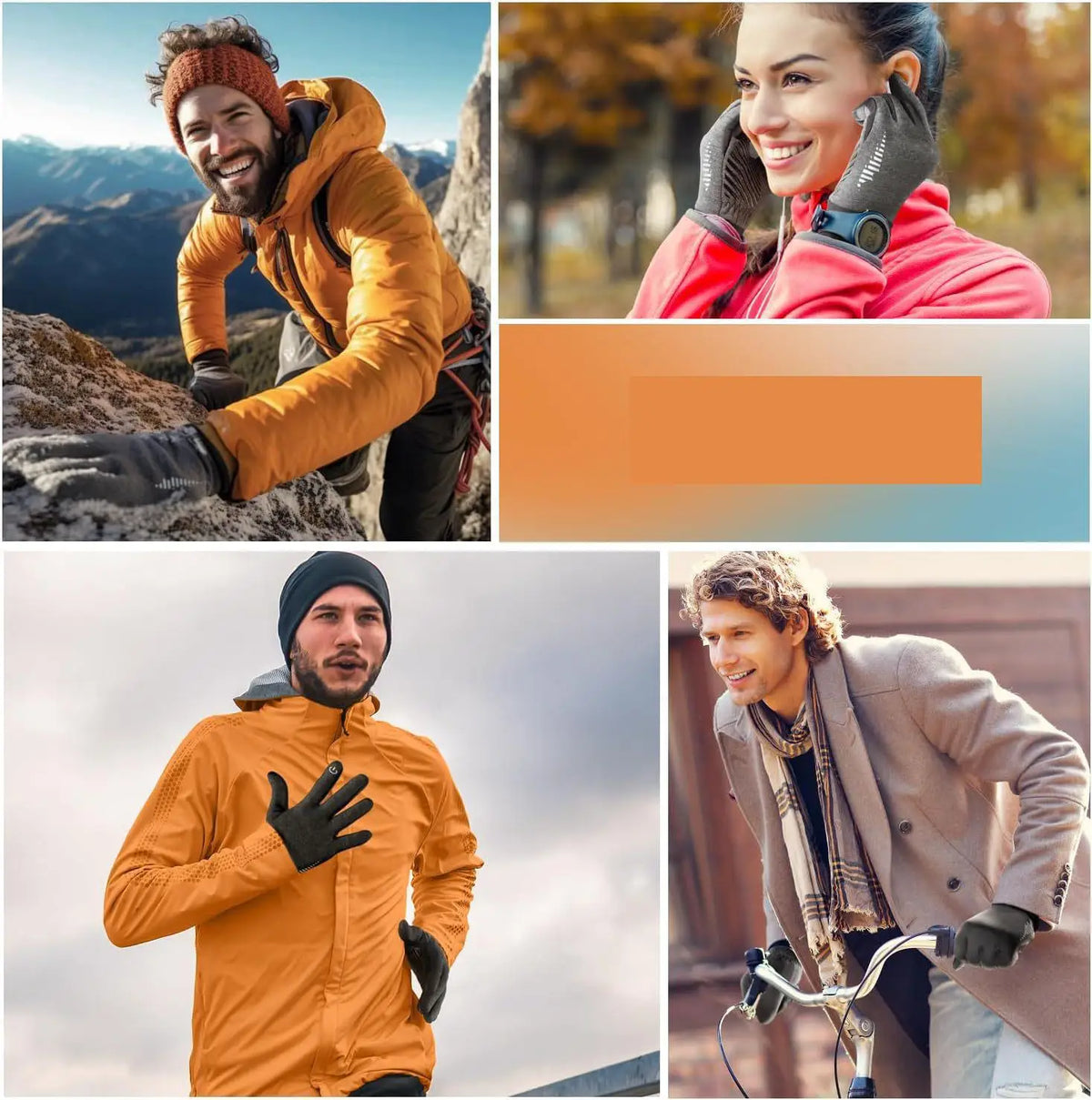 A collage showing people wearing orange and pink windproof fleece-lined touchscreen gloves in various outdoor winter sports s