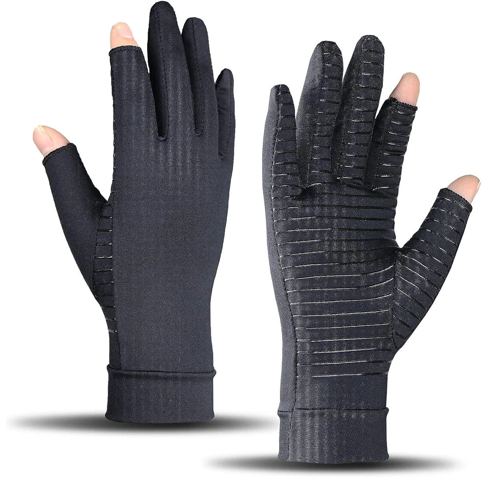 A pair of black copper arthritis relief gloves shown from the palm side.