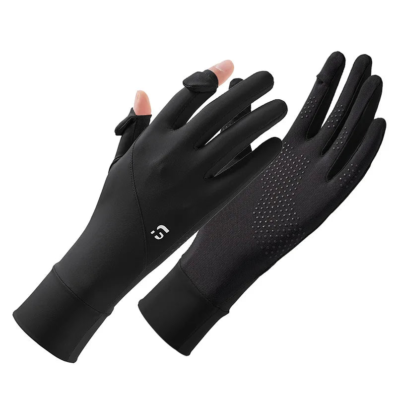 Black ice silk driving and cycling gloves shown on a hand.
