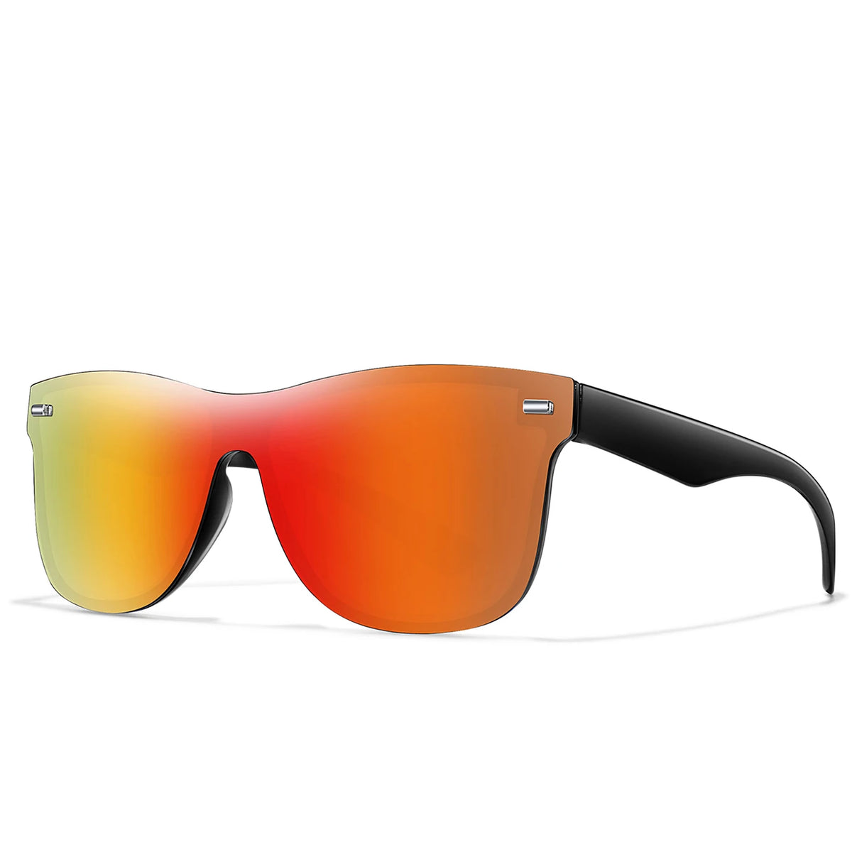 Orange-tinted sport sunglasses with black frames shown against a white background.