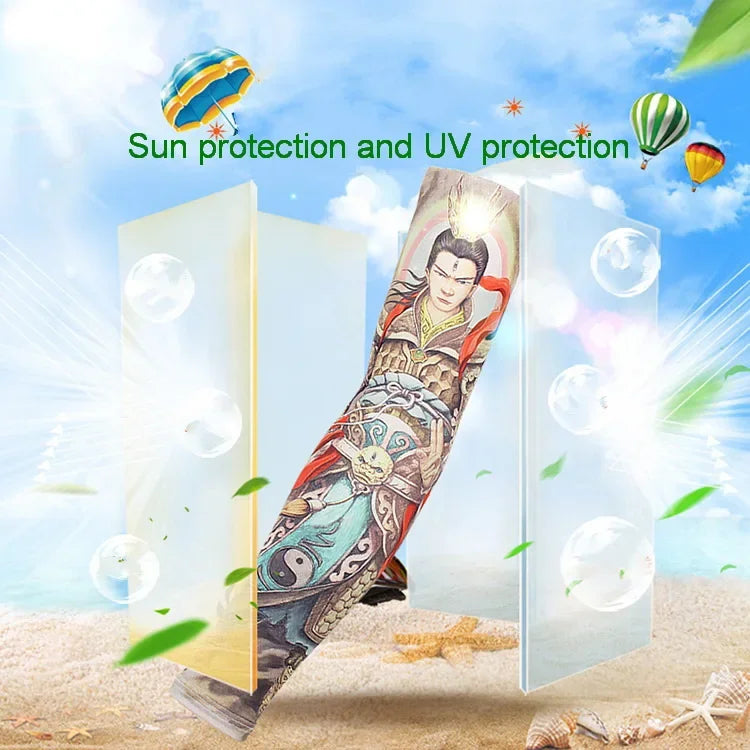 Ice silk arm sleeves for sun and heat protection displayed against a bright sky with balloons.