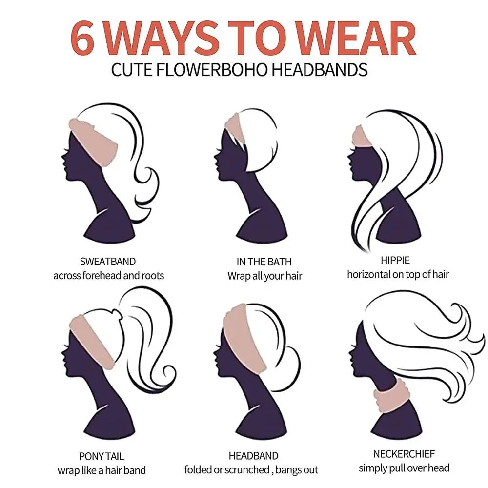 Six ways to wear cute flower boho headbands shown on a silhouette of a woman's profile.