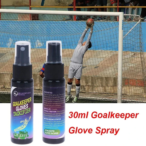30ml Goalkeeper Glove Spray bottle with goalkeeper gloves in action against a net