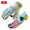 A pair of light blue and pink breathable motorcycle riding gloves for women.
