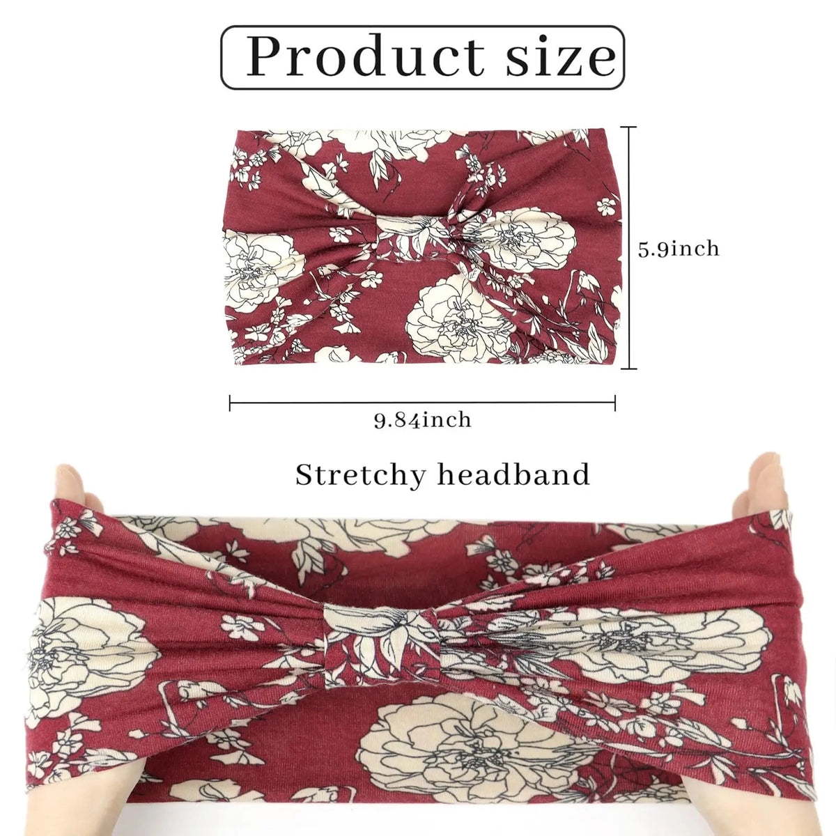 Gros plan d'un bandeau élastique à motif floral marron porté sur la tête d'une personne.