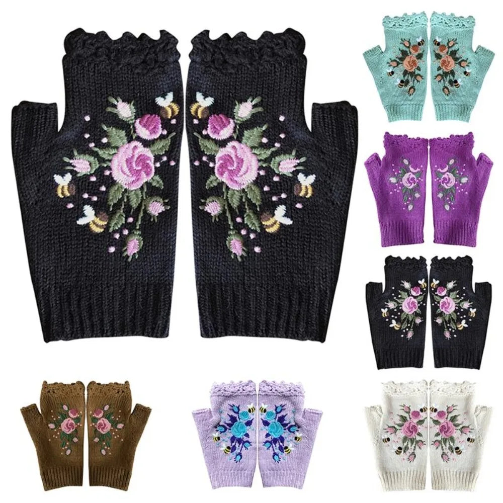 Embroidered Floral Bee Fingerless Gloves