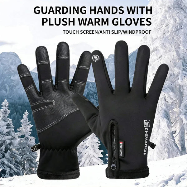 A pair of black plush warm gloves shown against a snowy mountain background.