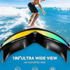A man surfing on a wave wearing black anti-fog UV swim goggles with a wide view.