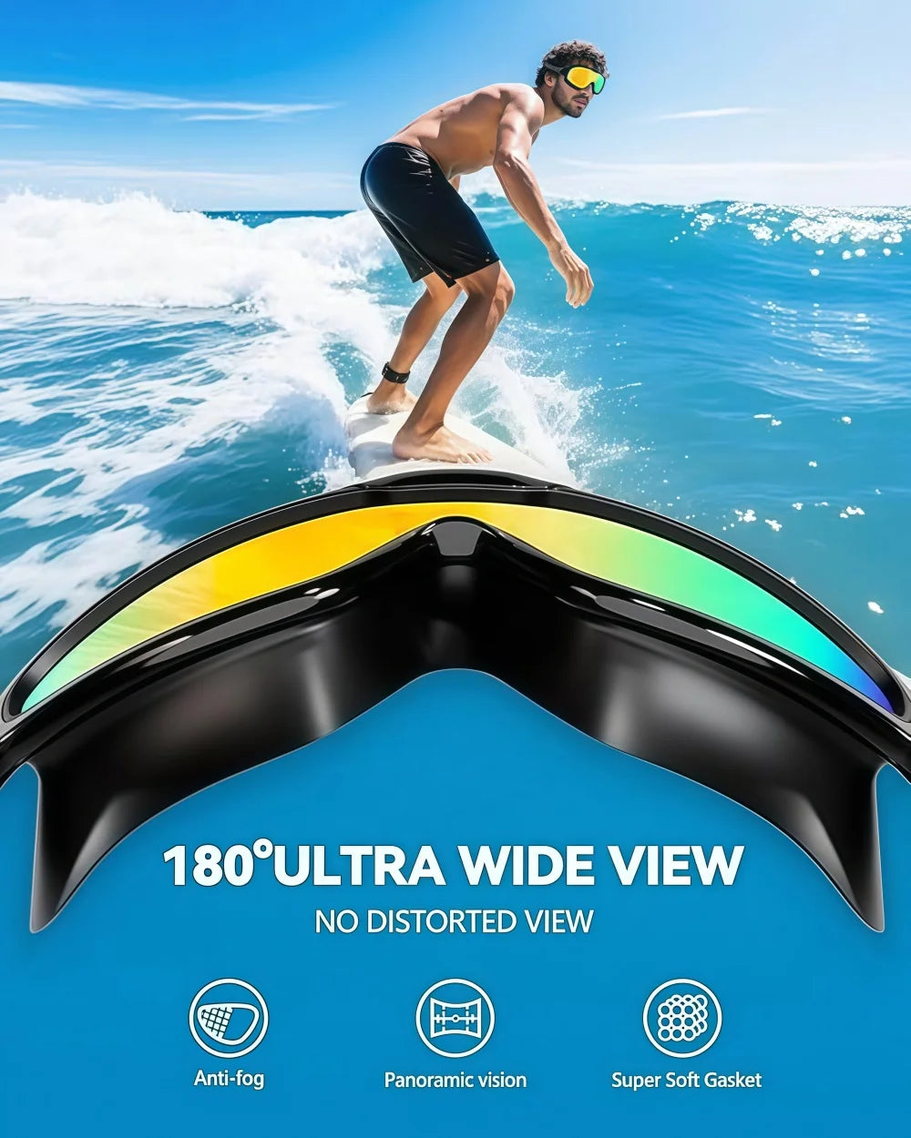 A man surfing on a wave wearing black anti-fog UV swim goggles with a wide view.