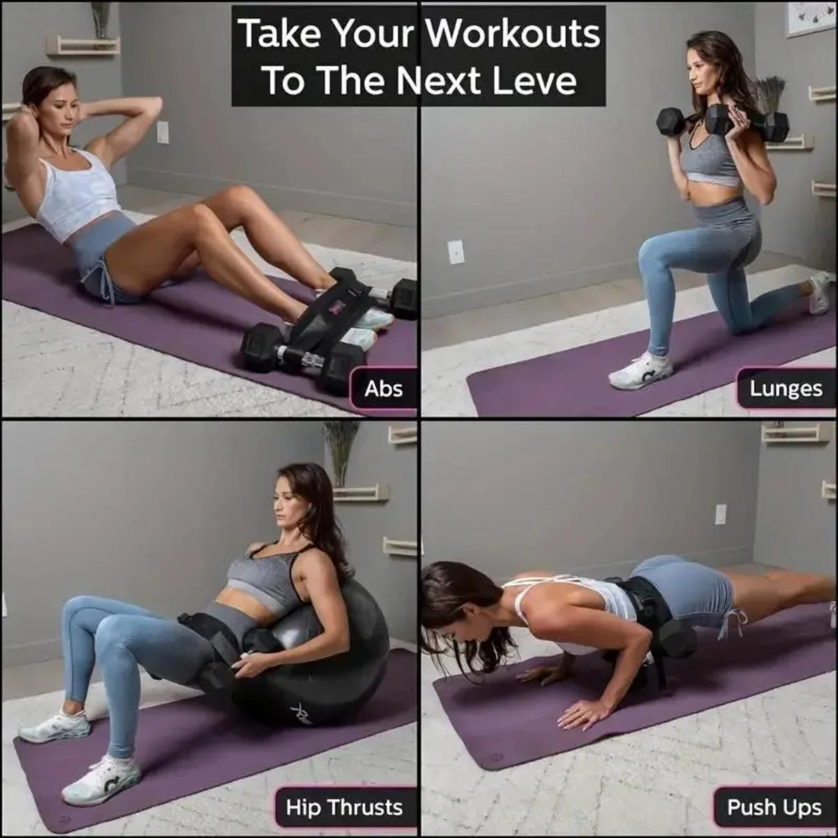 Collage de ejercicios de fitness, incluyendo abdominales, zancadas, empujes de cadera y flexiones.