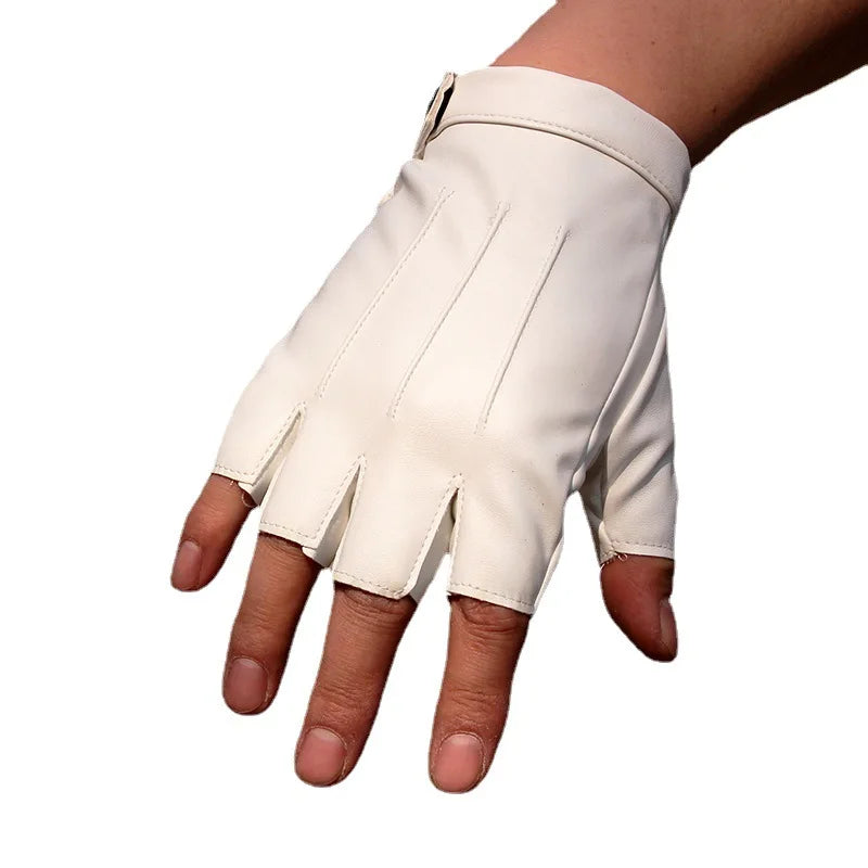 A hand wearing a beige fingerless fitness glove made of PU leather.