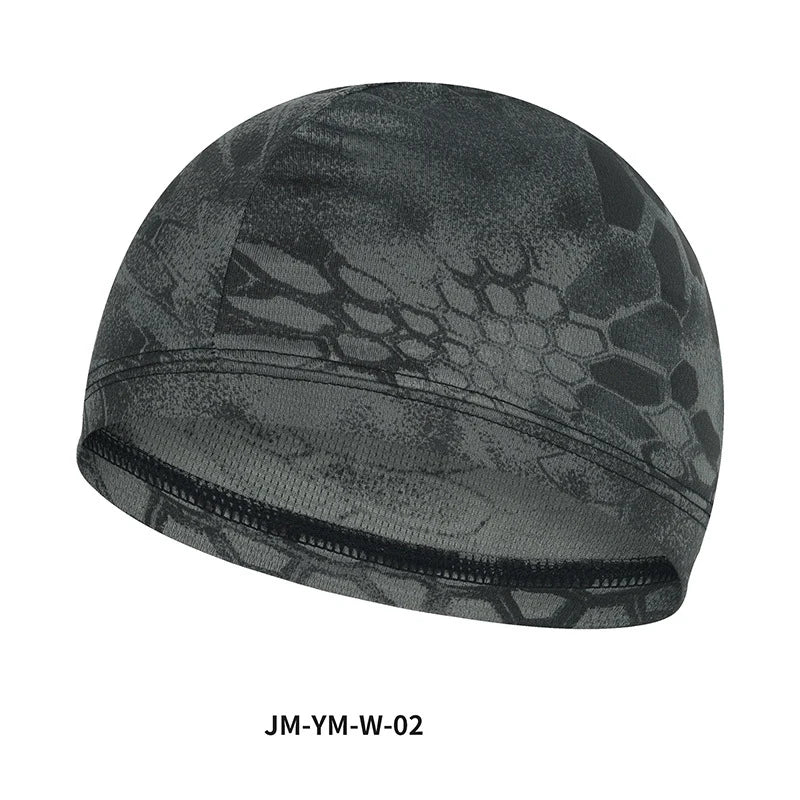 Dunkelgraße atmungsaktive Tarnnetz-Skullcap von oben.
