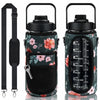 A black insulated water bottle cover with a floral pattern and an adjustable strap is shown.