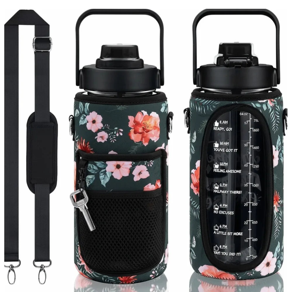 A black insulated water bottle cover with a floral pattern and an adjustable strap is shown.