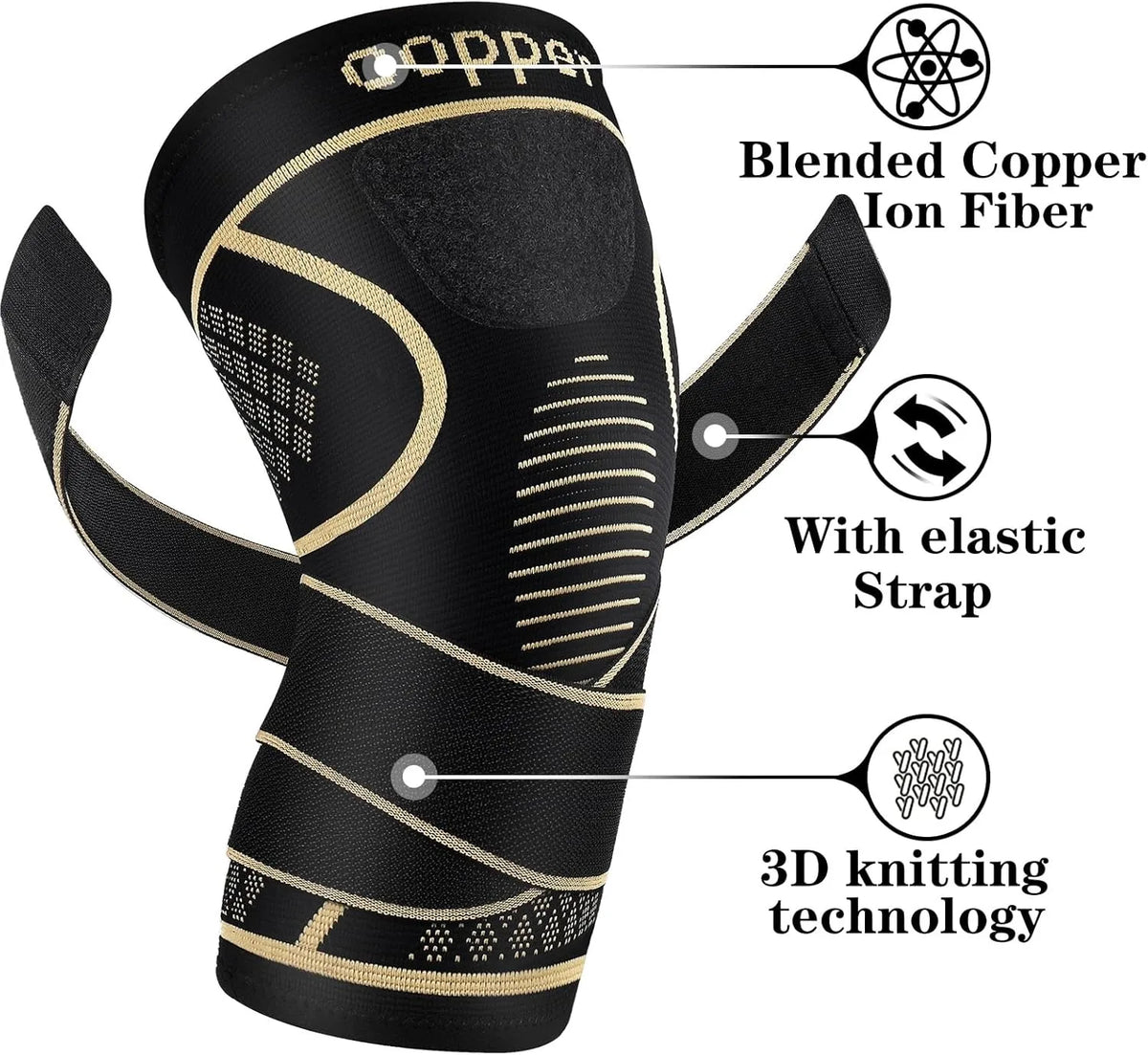 Rodillera negra con fibra de iones de cobre, correa elástica y tecnología de tejido 3D para soporte de articulaciones.