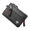A black slim RFID blocking wallet with a zipper closure and an orange pull tab.
