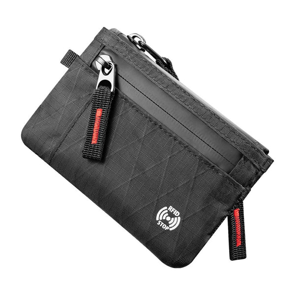 A black slim RFID blocking wallet with a zipper closure and an orange pull tab.