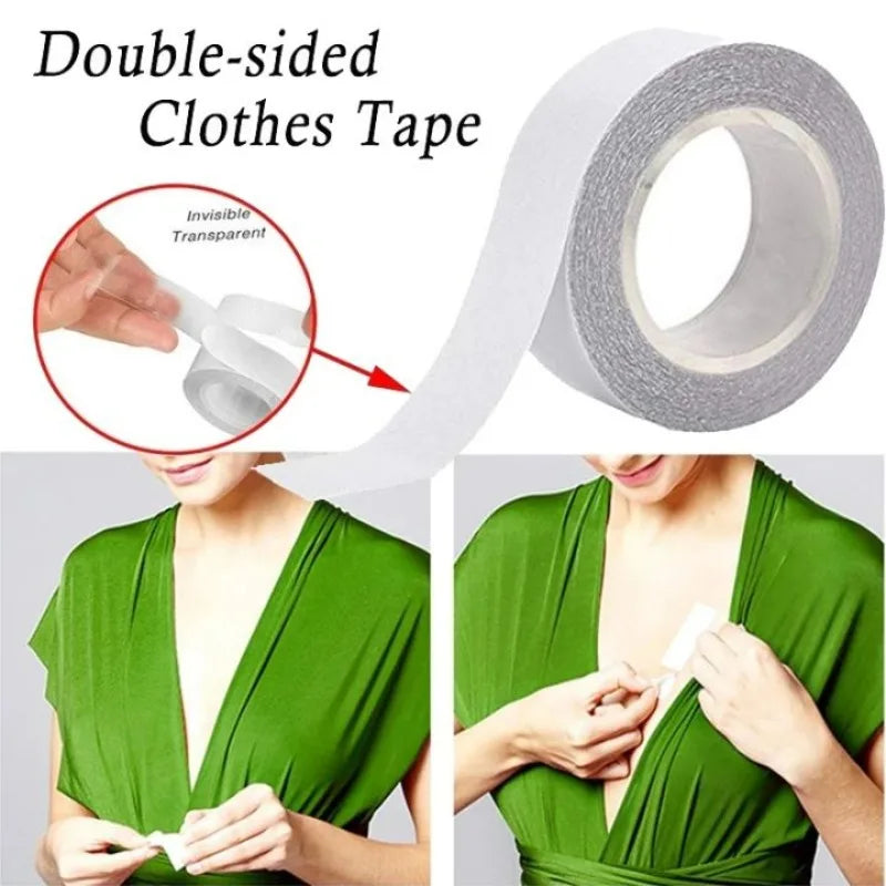 Roll of invisible double-sided transparent fashion tape being applied to a green dress