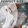 A white knit sock is shown next to a foot, highlighting its perfect size and features like being cool, gentle, dry, breathabl