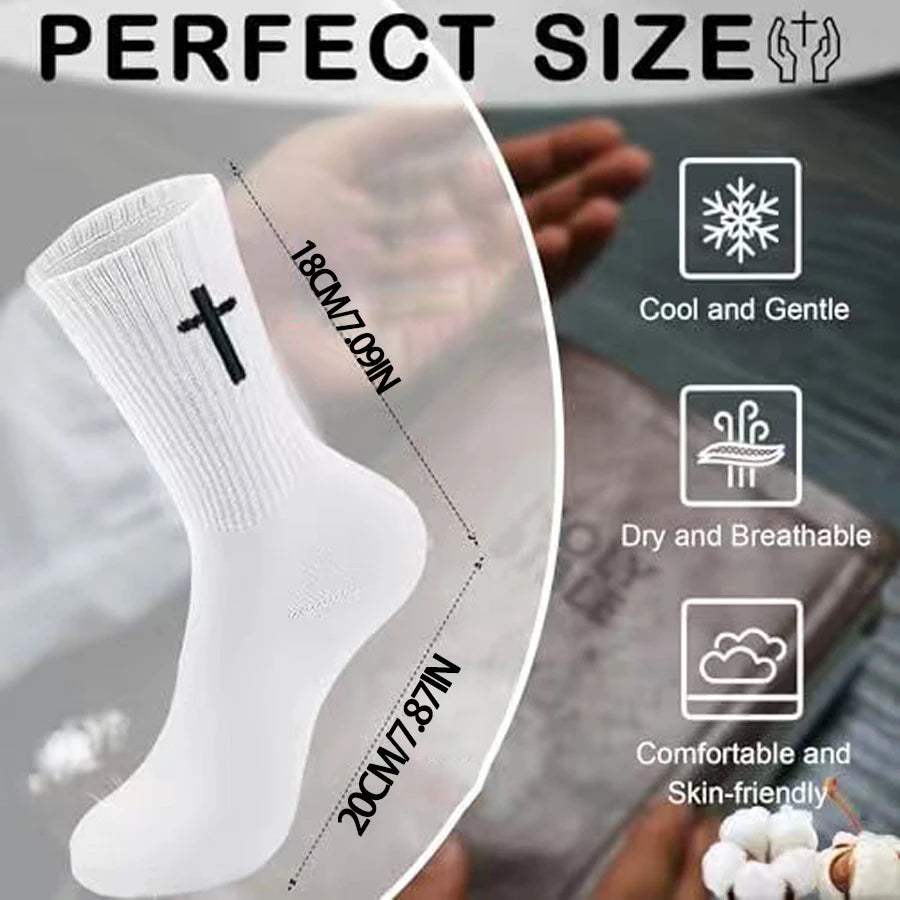 A white knit sock is shown next to a foot, highlighting its perfect size and features like being cool, gentle, dry, breathabl