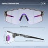 A pair of photochromic cycling sunglasses with purple accents shown in a side view and top-down perspective.
