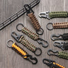 A collection of multi-tool keychains featuring various colored cord wraps and metal clasps.