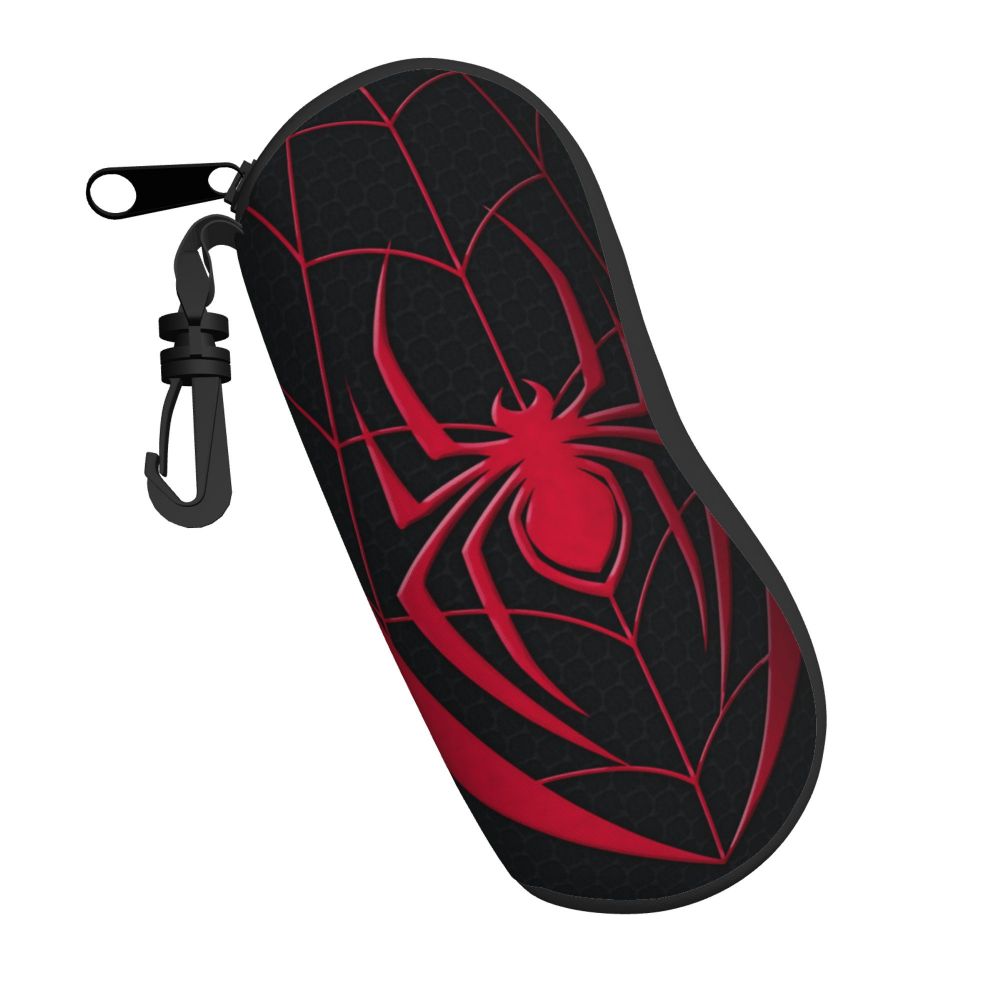 A black pouch with a red spider web design and a hook for holding, resembling an eyeglass case.
