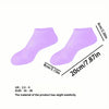 A pair of light purple silicone moisturizing socks shown from the side with size measurements.