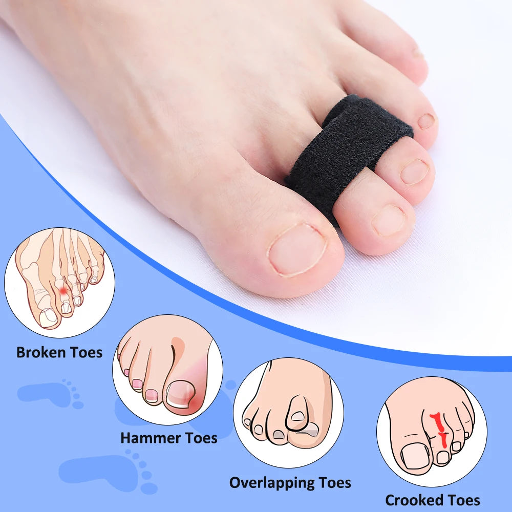 A hand wearing a black orthopedic toe wrap, shown alongside illustrations of broken, hammer, overlapping, and crooked toes.
