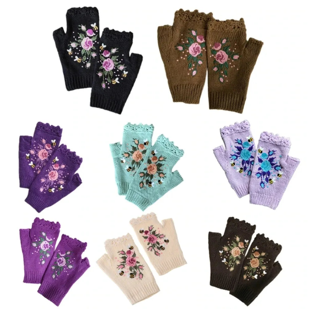 Embroidered Floral Bee Fingerless Gloves