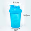 A bright blue leakproof protein shaker bottle with a screw-on cap, shown in a vertical view.