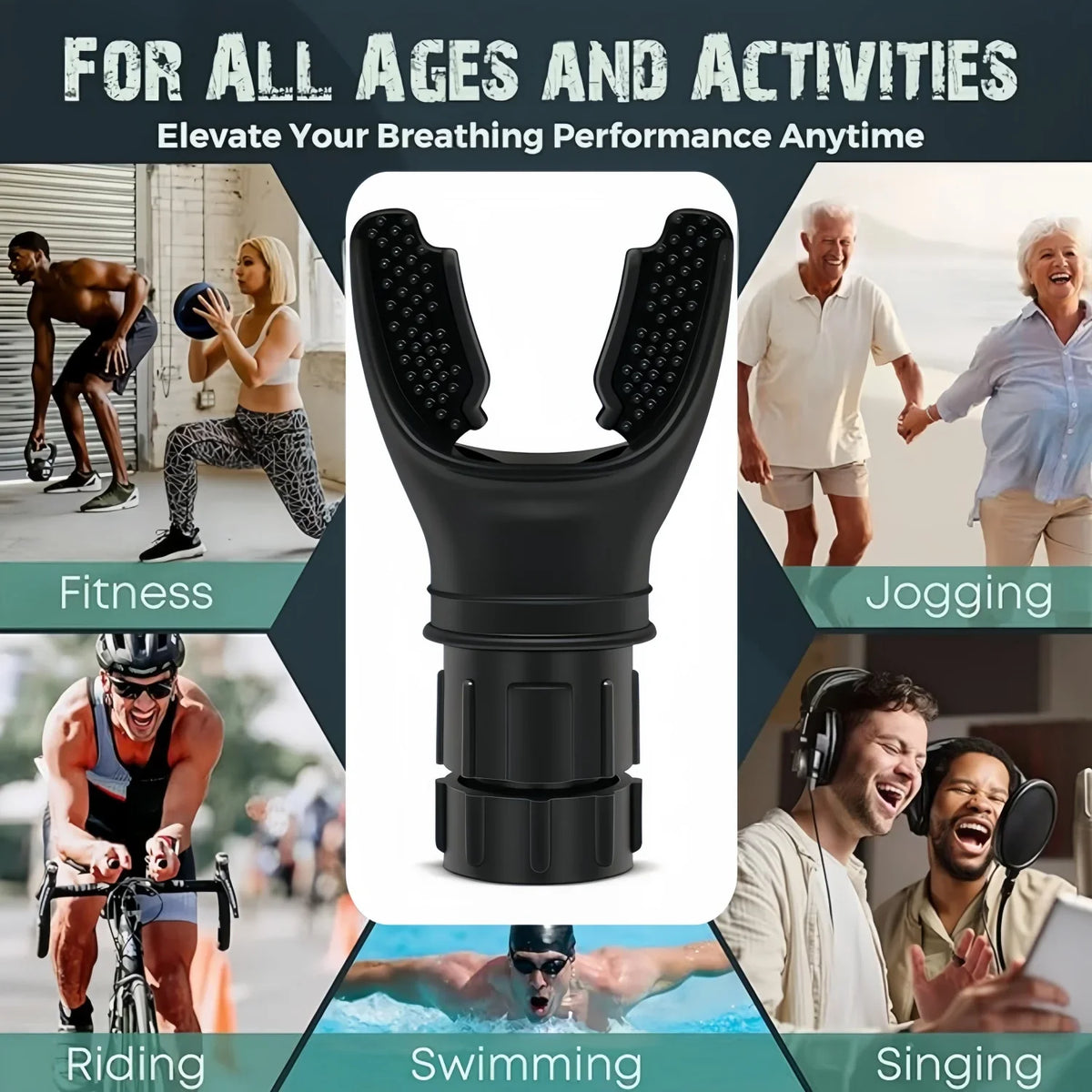 Black silicone breathing trainer used for fitness activities like jogging, riding, swimming, and singing.