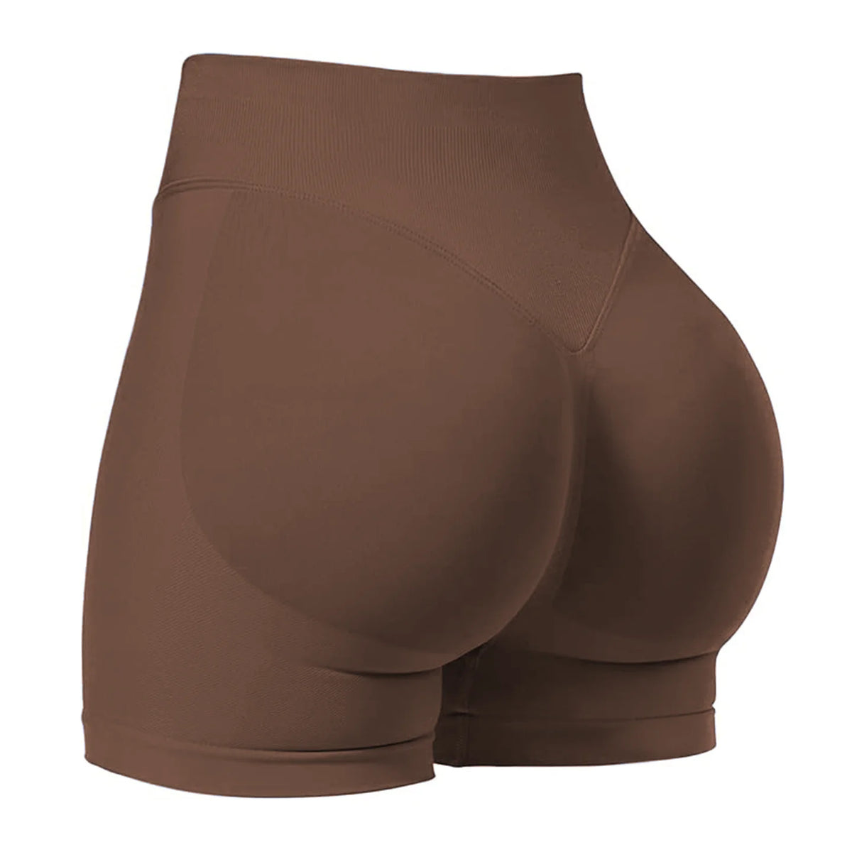 Un short de yoga sans couture marron taille haute, vue de l'arrière.