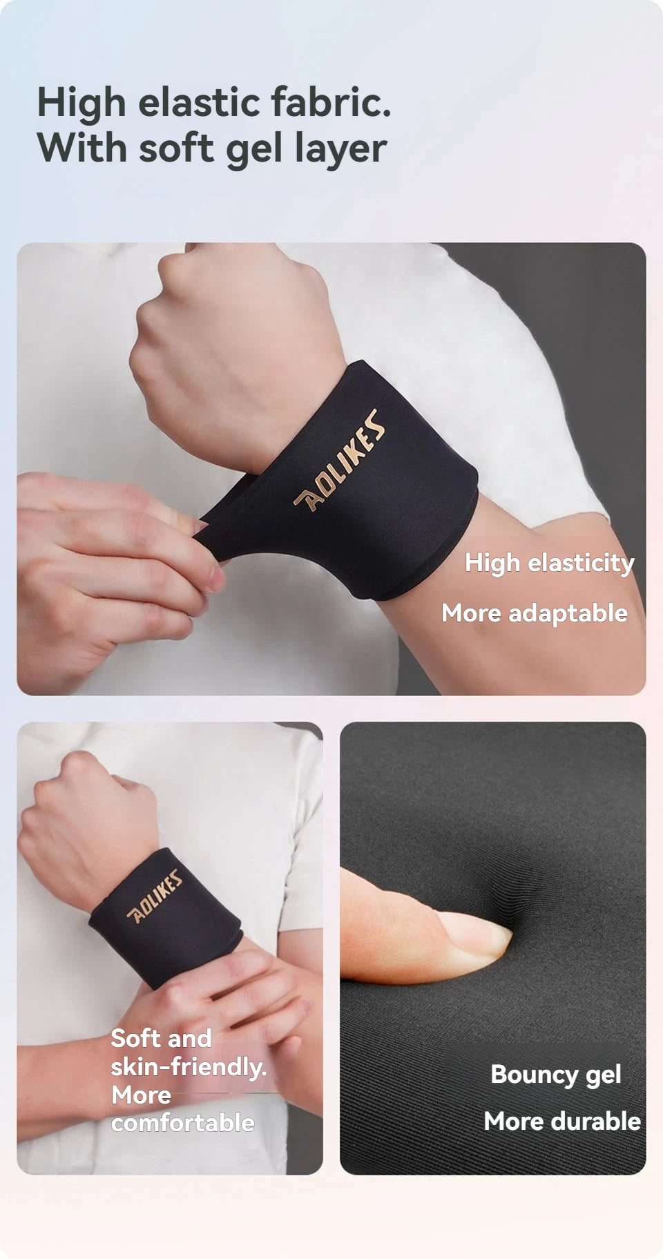 A black elastic knee sleeve with a soft gel layer being worn on a wrist.