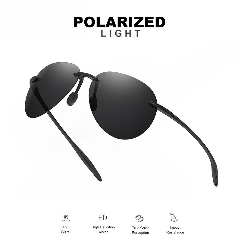 A pair of black polarized light sunglasses shown against a white background.