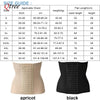 Comparison of apricot and black slimming corset waist trainer belts with size guide