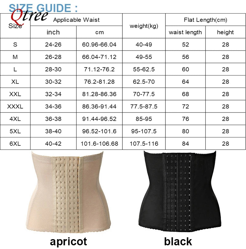 Comparison of apricot and black slimming corset waist trainer belts with size guide