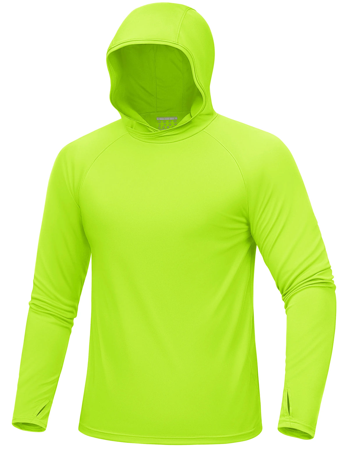 Helles limettengrünes Langarmshirt mit Kapuze auf einem Model.