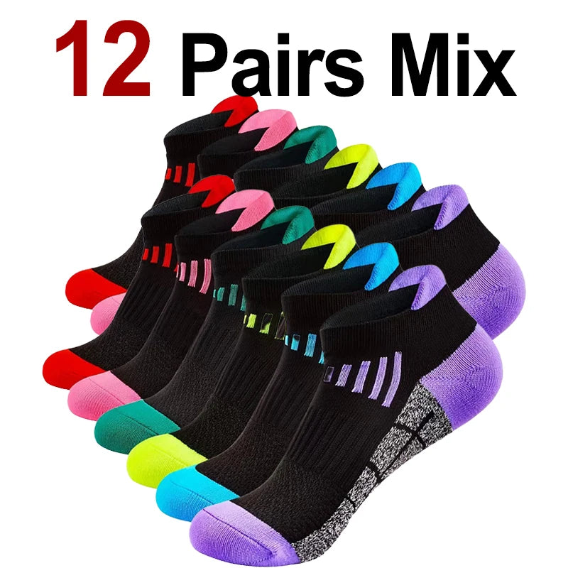 A mix of 12 pairs of colorful, striped knit sports socks in various colors and patterns.