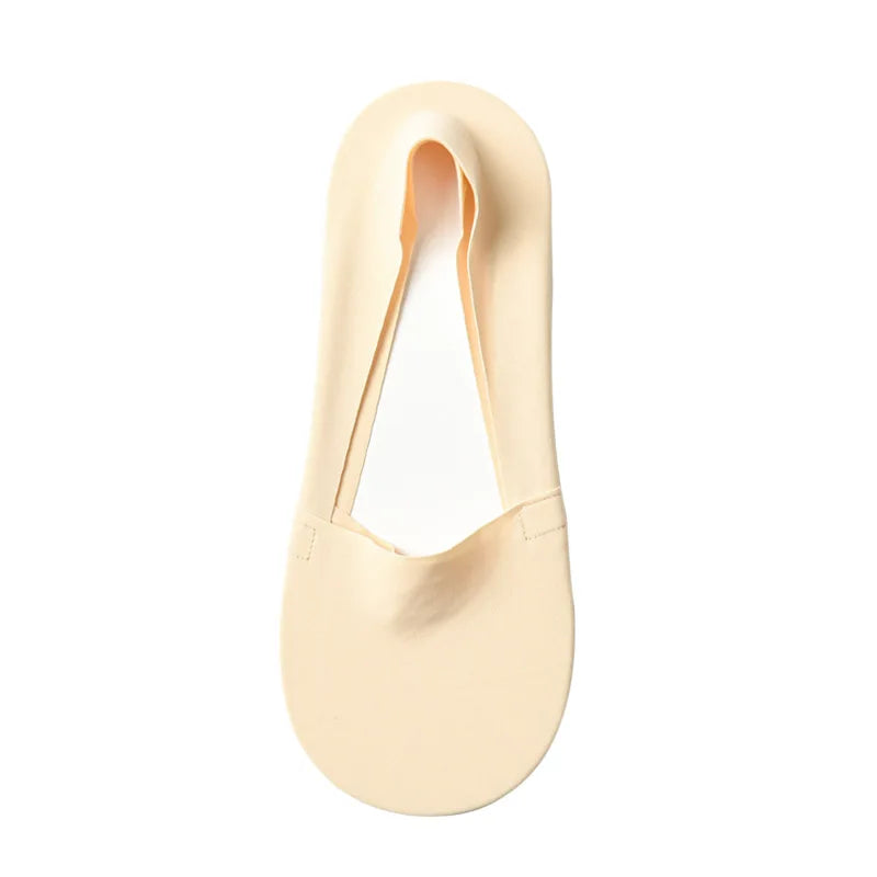 A pair of beige silicone anti-slip summer socks shown flat.