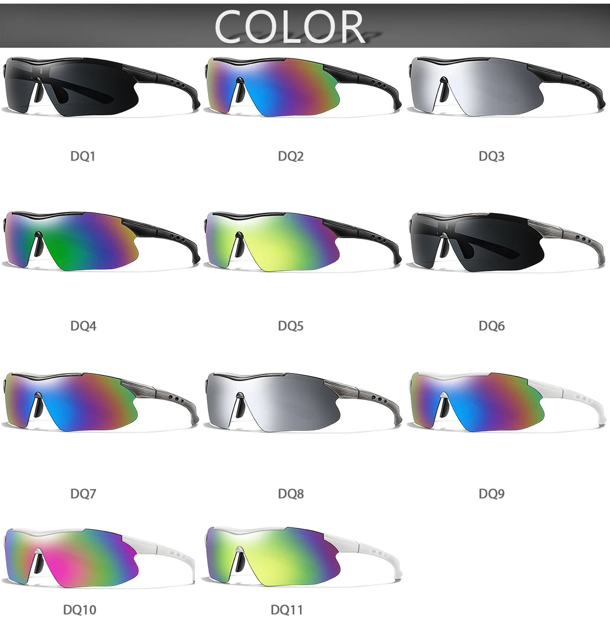 Une collection de dix paires de lunettes de soleil sportives UV montrées dans diverses couleurs et angles.