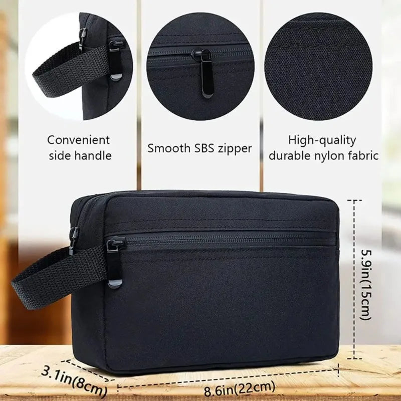 Black waterproof cosmetic and travel pouch with a side handle and smooth SBS zipper