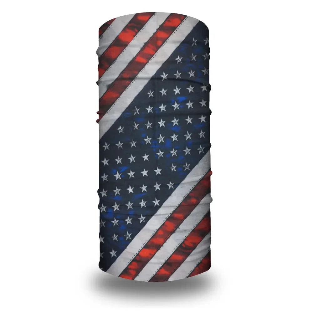 A rolled USA flag tube bandana or head wrap featuring the stars and stripes pattern.
