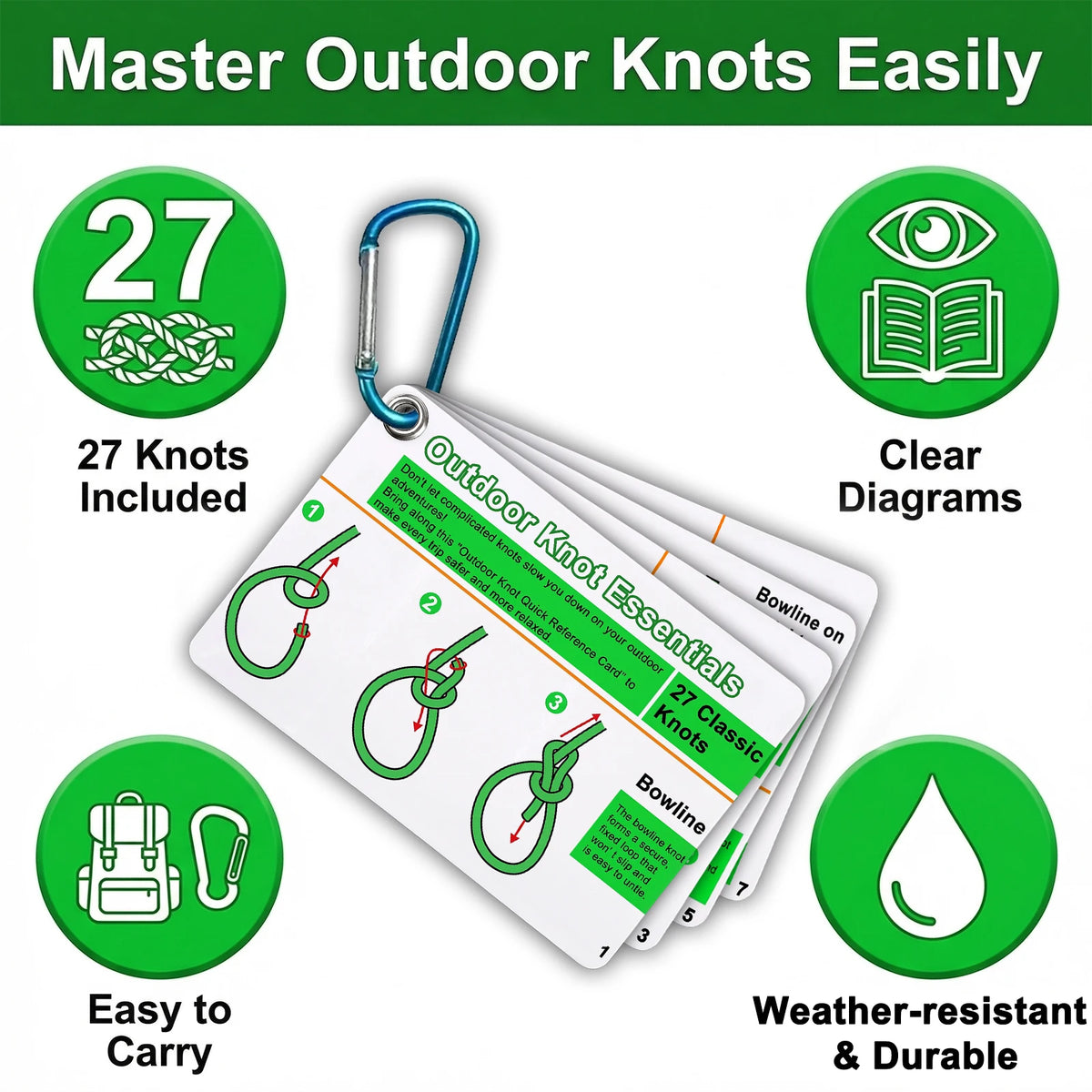 A guide set for mastering outdoor knots, including 27 knots, clear diagrams, and a bowline.