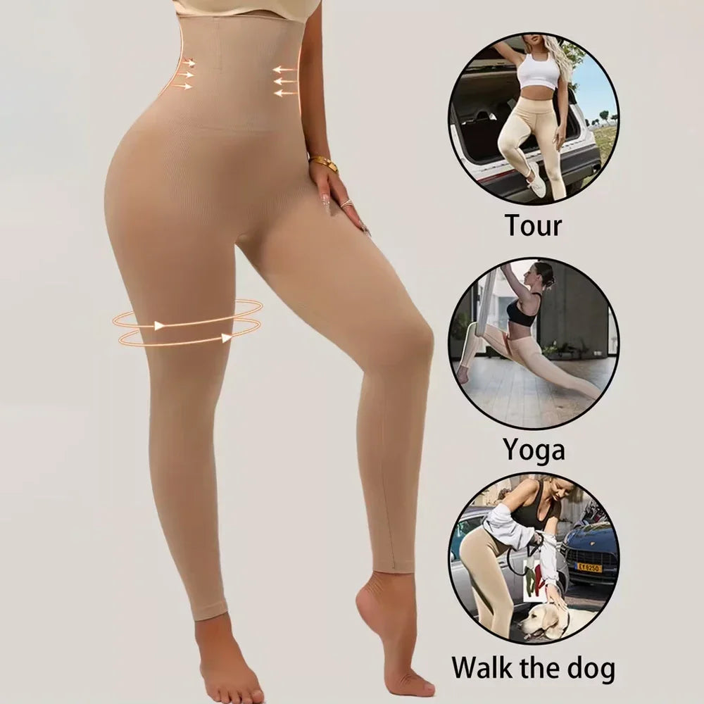 Tan high-waist compression shaping leggings shown in various activities like touring, yoga, and walking a dog