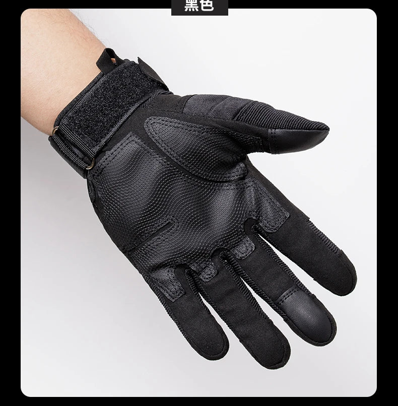 Black tactical full finger gloves shown on a hand, ready for outdoor or sports use.