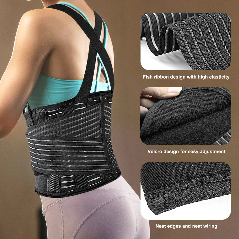 Schwarzer ergonomischer Rücken-Stütze mit Fischband-Design, Schnallenverstellung und sauberen Kanten für Hebeunterstützung.